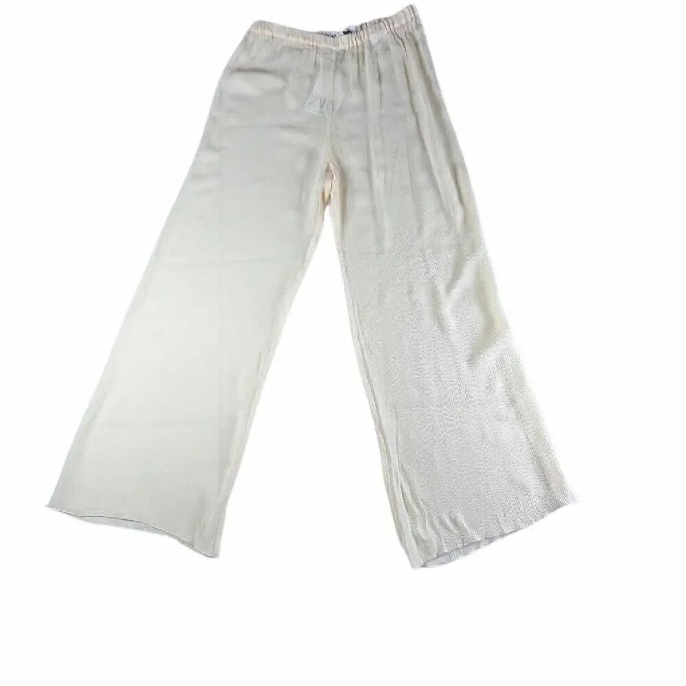NWT Zara Studio Limited Edition Semi-Sheer Crinkled Wide Leg Pants Ivory Cream S
